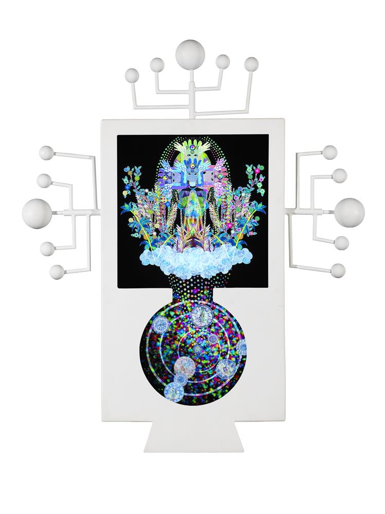 A video artwork in a futuristic artist-custom white wood frame. The video depicts a four-headed deity overseeing the creation of a cosmos.