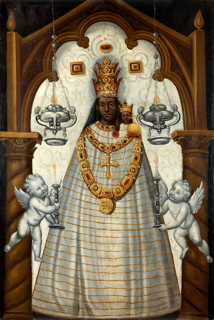 Peruvian oil painting of a dark-skinned Madonna