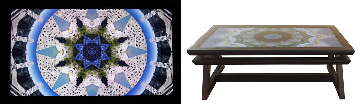 A table displaying a kaleidoscopic artwork