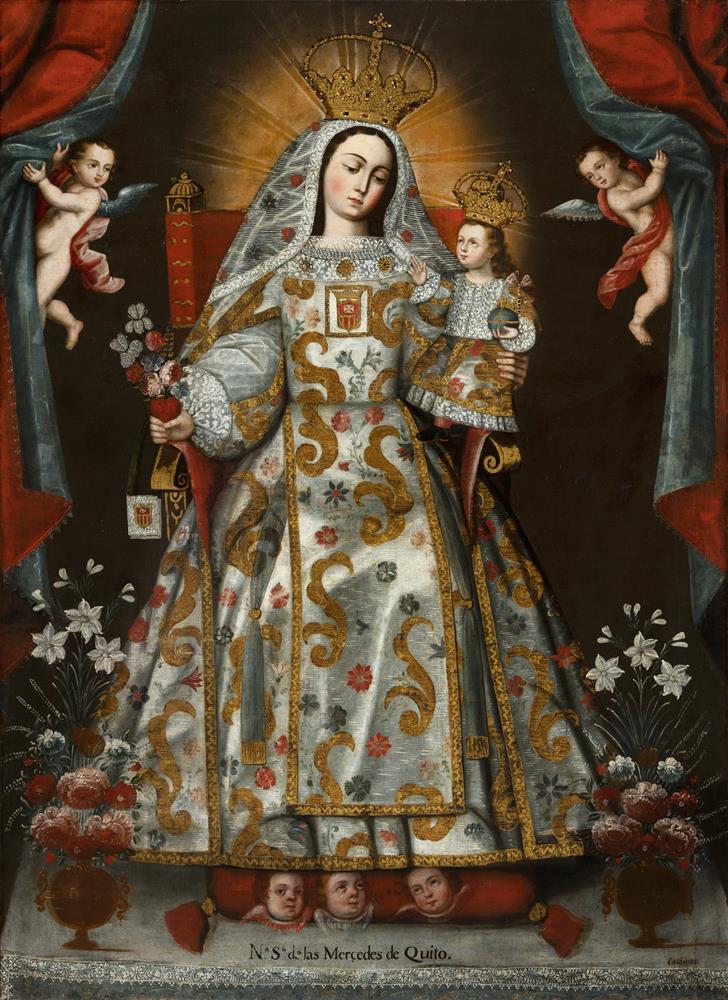 A painting depicting Our Lady of Mercy of Quito, dressed in a white and gold gown, holding on to the Christ Child. Both Mary and Christ wear elaborate gold crowns. They are flanked by two angels holding back red curtains.